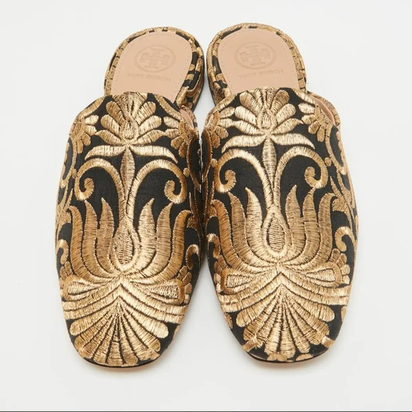 Tory Burch Women's Black and Gold Embroidered mule loafers - Picture 2 of 10